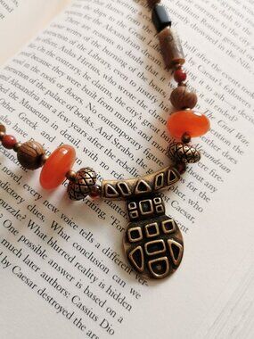 Chico's Carnelian Glass and Wood Bead Necklace Orange Brown Warm Tones Chunky